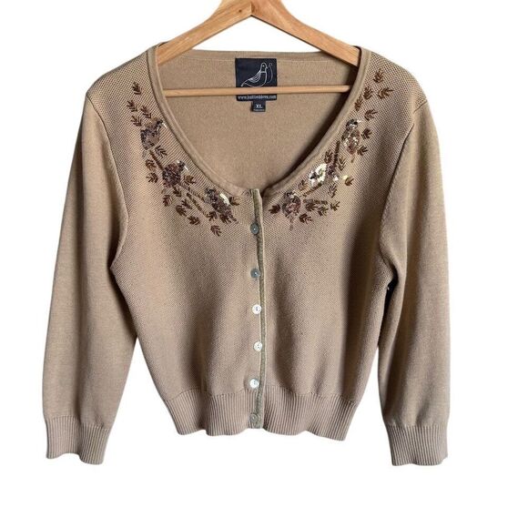 knitted dove Sweaters - Knitted Dove XL Beige Sequin Bird Waffle Knit Cardigan Sweater